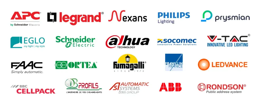 Marques distribuées par MATELEC : APC, Legrand, Nexans, Philips, Prysmian, Eglo, Schneider Electric, Dahua, Socomec, V-TAC, FAAC, Ortea, Fumagalli, Franklin, Ledvance, Cellpack, Profils, Automatic Systems, ABB et Rondson